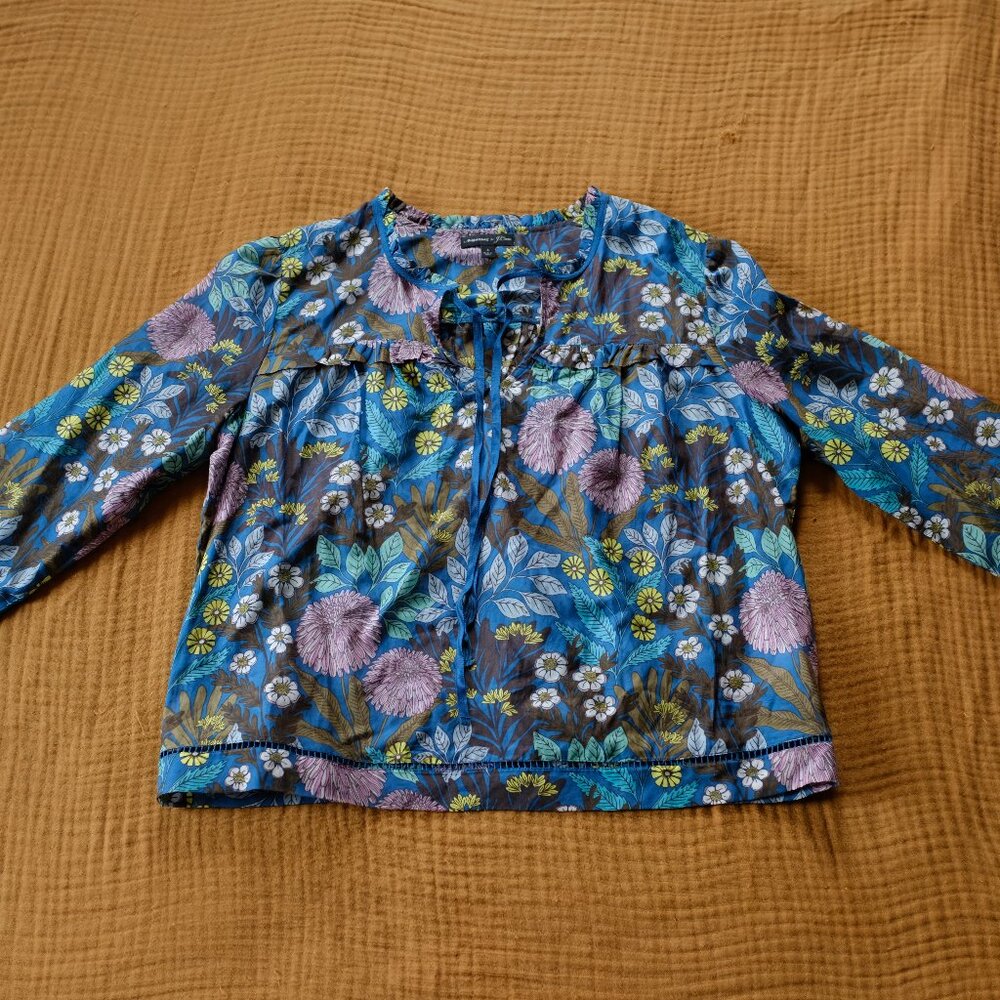 Abigail Borg x J Crew Silk Floral Peasant Prairie Moonlight Blouse Small